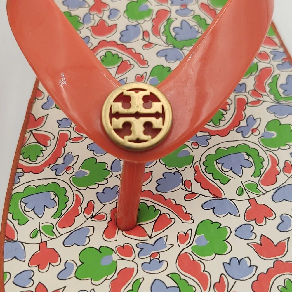 Tory Burch Wedge Flip Flop Sandals Paisley Cut Out Coral 6 Boho Resort Lounge
